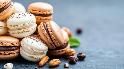 A colorful assortment of macarons is artfully arranged with nuts and coffee beans, encapsulating the sweetness and artistry of French pastry with a gourmet appeal.