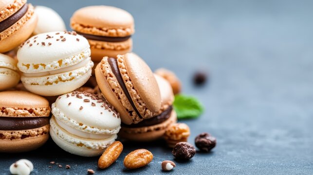A colorful assortment of macarons is artfully arranged with nuts and coffee beans, encapsulating the sweetness and artistry of French pastry with a gourmet appeal.