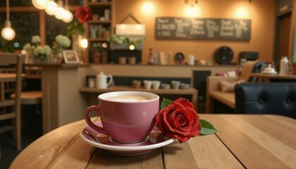 Pink coffee mug with red rose on wooden cafe table. Warm cozy atmosphere. Perfect for valentine's day and anniversary.