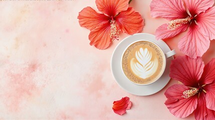 Top view of a white coffee cup with latte art on a pink background decorated with hibiscus flowers. Concept of morning routine.