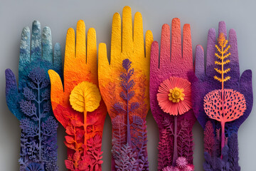 Colorful abstract hands with botanical patterns – symbol of diversity, nature and growth 