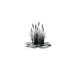 A silhouette of cattails growing by a quiet pond silhouette on white background