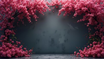 Pink cherry blossom frame around dark wall and floor. Spring floral background for product display. Generative ai