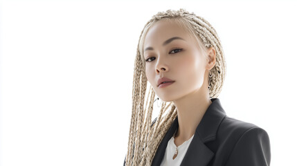 Asian woman with braided hair, wearing a stylish suit, exudes confidence and elegance against a white background. The image captures a sense of modern sophistication. Image made using Generative AI.
