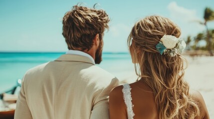 A romantic scene portrays newlyweds walking hand-in-hand along a sunlit beach, embodying love, adventure, and the beauty of partnership at the start of their journey together.