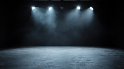 An empty performance stage adorned with bright spotlights in a dark setting, creating an atmosphere of anticipation and excitement for an upcoming show or event.