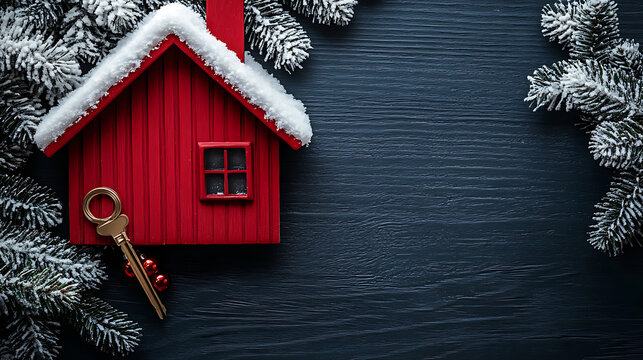 Red Wooden House Model with Key and Snowy Branches on Dark Background - Christmas Real Estate