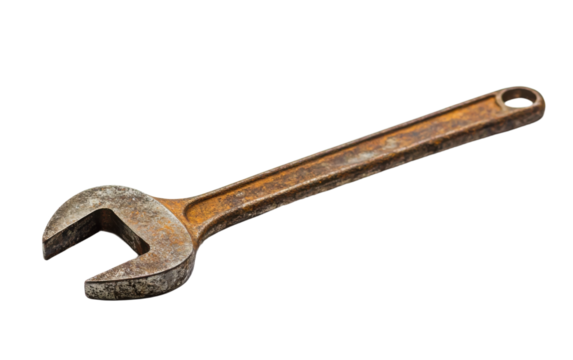 Rusty old wrench is laying on a white background