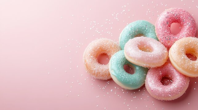 A beautiful assortment of pastel-colored donuts sprinkled with sugar, showcasing a delightful and tempting treat that evokes sweet cravings and joy in every bite.