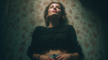 Lost in thought, a young woman lies on the floor, gazing upwards in quiet contemplation, a single light source illuminating her face against a backdrop of vintage wallpaper
