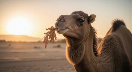 Camel with beautiful brown fur chewing on autumn leaves in the desert at sunset, a concept of desert life and travel.