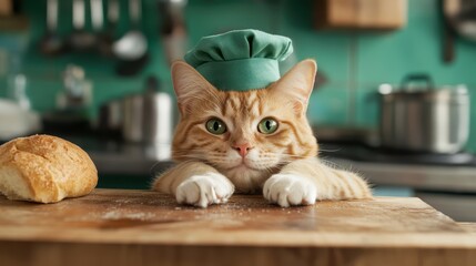 A charming cat wearing a chef hat in a cozy kitchen setting, creating a playful and whimsical atmosphere, highlighting the joy and comfort of home life.