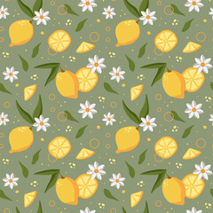 Tropical seamless pattern with yellow lemons and white flowers. Vector citrus fruit in flat style on green background.