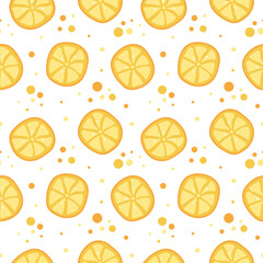 Bright seamless pattern with yellow lemons. Vector slices of citrus fruit on white background.