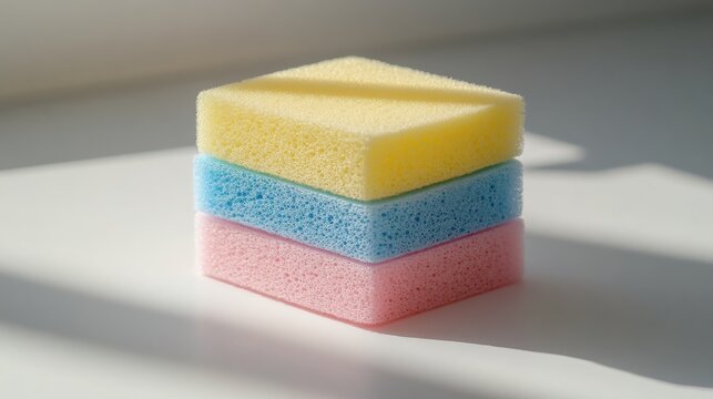 Three colorful rectangular cleaning sponges stacked on a white surface casting soft shadows
