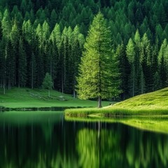Lush green forest reflects on tranquil lake