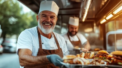 A smiling chef is serving fresh, delicious food from a food truck, showcasing a variety of culinary delights that highlight the joy of street food culture and gourmet cooking.