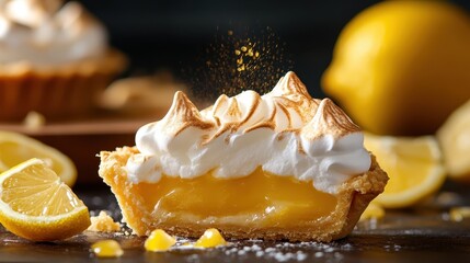A delectable slice of lemon meringue pie topped with fluffy meringue against a backdrop of fresh lemons, inviting a sense of indulgence and classic dessert appreciation.