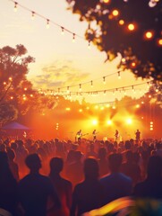 A vibrant outdoor concert scene with a crowd enjoying live music as the sun sets, creating a warm and lively atmosphere.