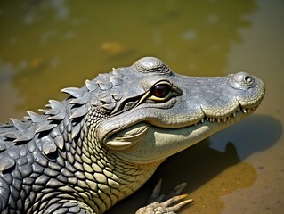 Fototapeta premium Close-Up of a Lying Alligator with Intricate Scales Under Bright Sunlight in a Natural Environment