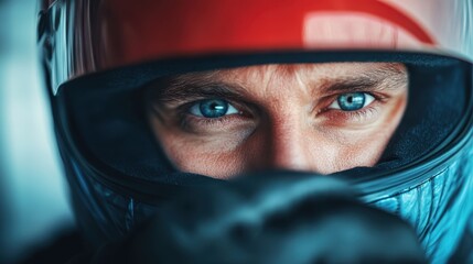 This striking close-up shot captures the intense gaze of a racer in their helmet, embodying determination and focus, perfectly poised for the thrill of competition and speed.