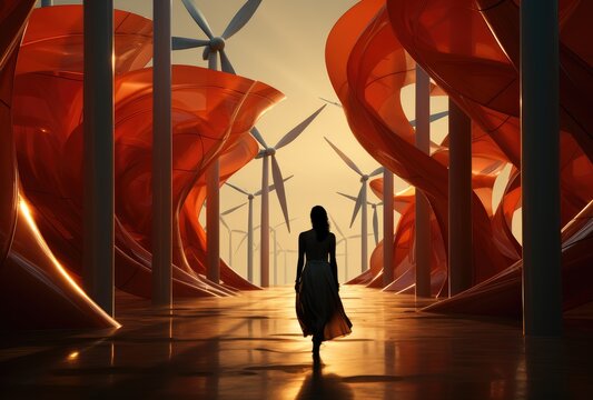 A dramatic landscape featuring swirling shapes and wind turbines at sunset, blending nature with modern technology in a stunning visual experience of energy and harmony. - Powered by Adobe