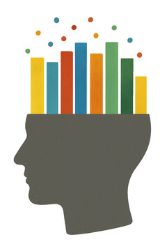Minimalist head profile with colorful analytics bars representing knowledge and statistics. Multiple intelligence 
