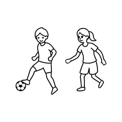 A boy and girl playing football line art vector illustration