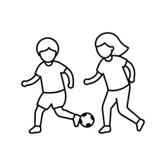 A boy and a girl playing football line art vector illustration