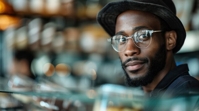 A thoughtful man wearing glasses and a hat gazes contemplatively at the camera from inside a cafe, embodying a quiet moment of introspection amidst a bustling environment.
