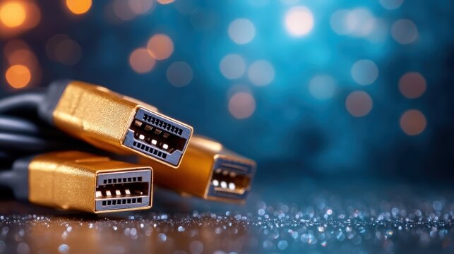 This image showcases a collection of golden USB cables, emphasizing their intricate connectors, perfect for illustrating technology and connectivity concepts in a stylish manner.