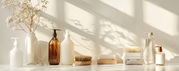 Colorful collection of cleaning products in various bottles and containers on a neutral background