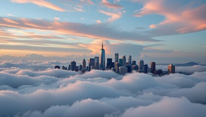 a serene scene of a city skyline partially obscured by clouds and seen from high above. the cityscape is bathed in a soft, warm glow as if it's just after sunrise or before sunset