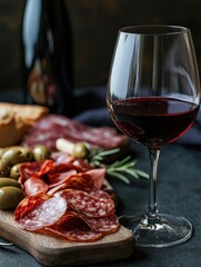 Elegant glass of red wine next to a charcuterie board with cured meats, olives, and bread