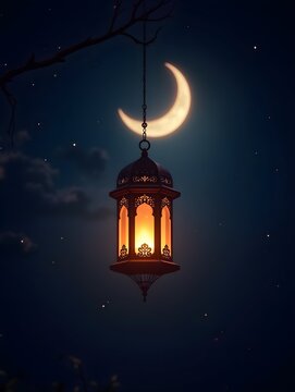 Ramadan Lantern Hanging from Crescent Moon. A Festive Night