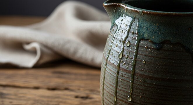 Ceramic pitcher on rustic wood