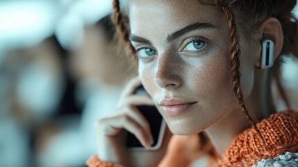 A focused young woman speaks on her phone while wearing wireless headphones, reflecting modern connectivity, technology's impact on communication, and personal style.