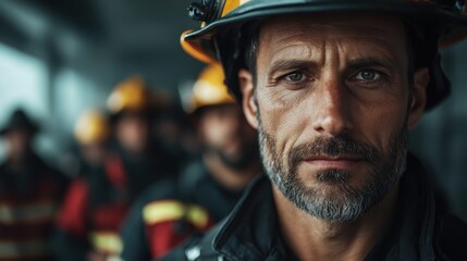 A portrait of a determined firefighter standing strong, symbolizing bravery and resilience amidst challenging situations and emergencies, showcasing strength and leadership.