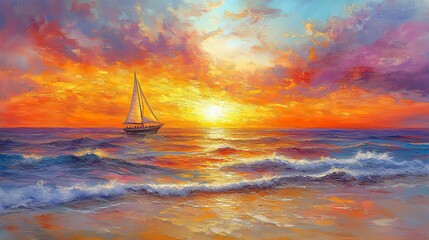 Colorful sunset over the ocean with a sailboat