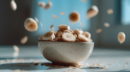 A close-up shot of healthy cereal with fresh banana slices falling into a white bowl on a bright background.