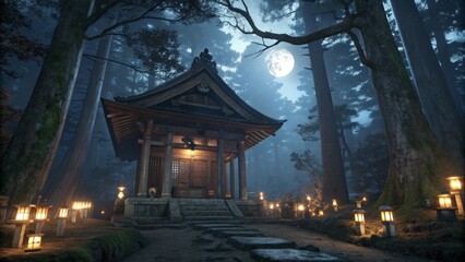Fototapeta premium Nighttime Japanese Temple in Misty Forest Digital Painting, Full Moon, Lantern Lit Path, 3D Render, Tranquil Scene. Japanese Temple, Digital Art