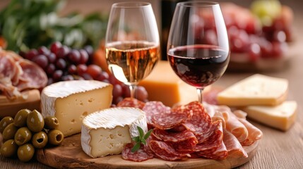 An elegant assortment of cheeses and fine wines accompanied by fresh fruits, creating a sophisticated and inviting ambiance for gatherings and celebrations.
