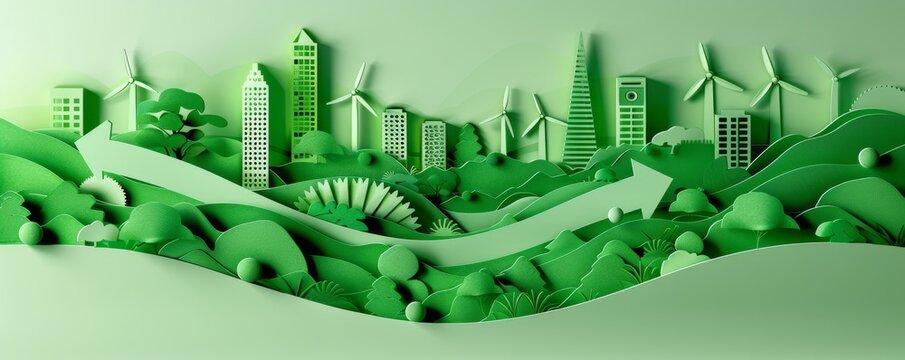 Green paper-cut style cityscape with green buildings and wind turbines depicting sustainable urban living - Powered by Adobe