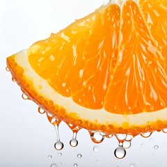 Juicy orange slice with dripping moisture evoking freshness and vibrancy on white background