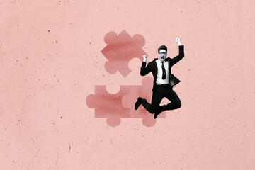 Collage of young business people standing by colorful puzzle pieces symbolizing solution teamwork...