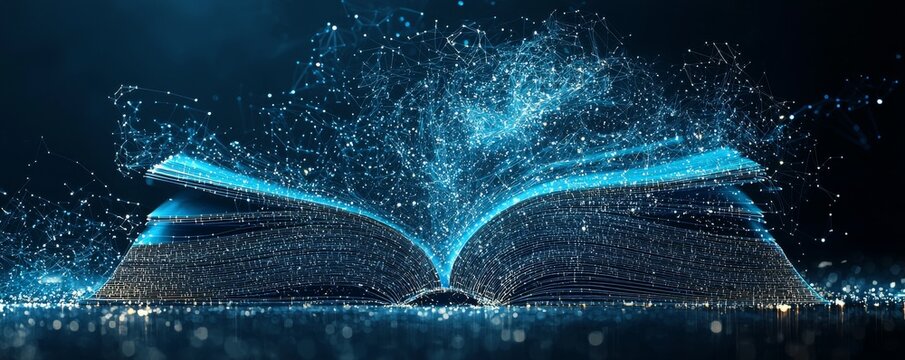 Digital wireframe book illustrating knowledge and technology concepts