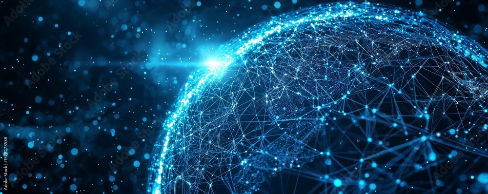 Wall mural futuristic wireframe globe with digital network connections and blue bokeh background