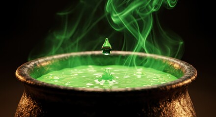 Green liquid in cauldron with steam