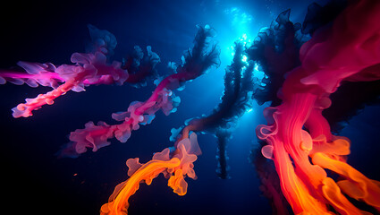 Vivid Deep Sea Orange Pink and Blue Bioluminescent Jellyfish Underwater Scene bioluminescence