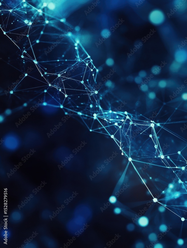 Poster abstract design featuring a network of connected dots and structures representing global technology 